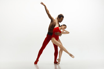 Fototapeta na wymiar Graceful classic ballet dancers dancing isolated on white studio background. Couple in bright red clothes like a combination of wine and milk. The grace, artist, movement, action and motion concept.