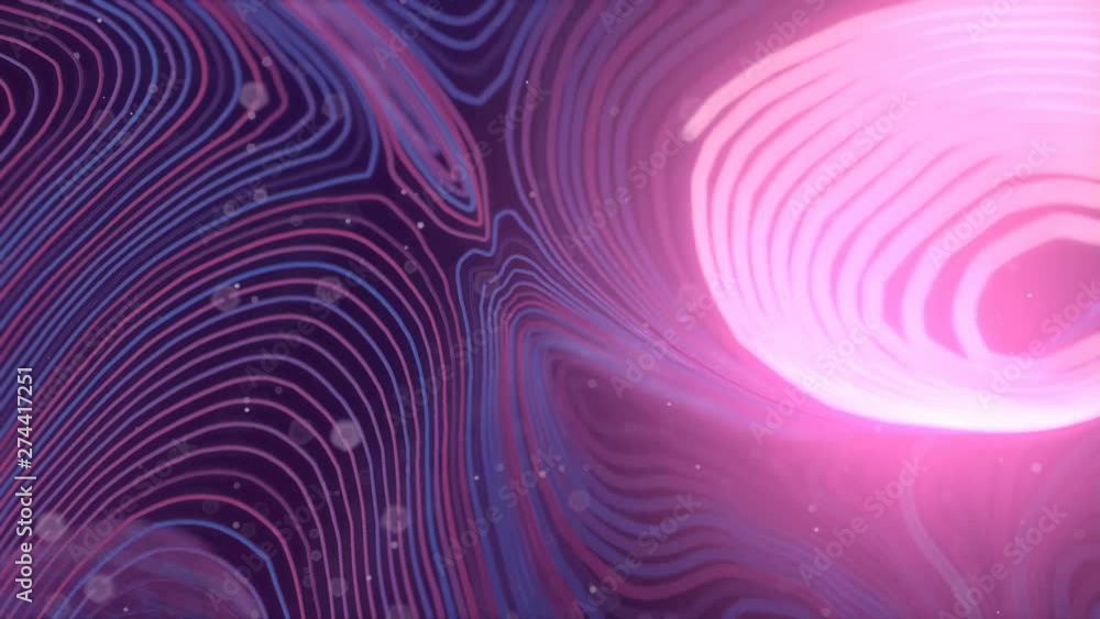 Fototapete pink colored abstract background with bright particles. deformed wavy wires with orange motion glowi