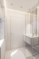3d illustration of a bathroom in a private cottage. Interior design in white without textures