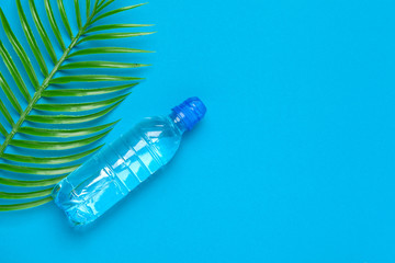 Transparent liquid bottle with tropical palm leaves, top view