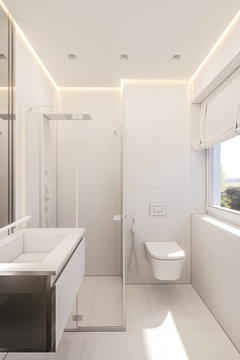 3d illustration of a bathroom in a private cottage. Interior design in white without textures