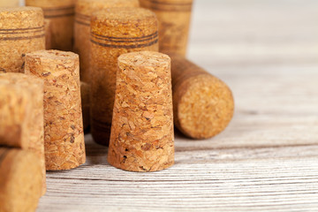 Bunch of wine corks on wooden table