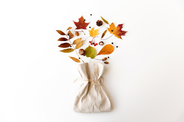 nature and season concept - composition of different dry fallen autumn leaves, chestnuts, acorns, berries and linen bag on white background