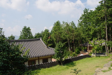 Fototapeta na wymiar Beautiful Korean tiled house and lawn scenery