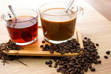 Hot tea and coffee With tea leaves and coffee beans