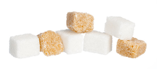 White refined sugar and brown unrefined sugar cubes