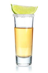 Gold tequila shot  isolated on white background
