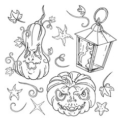 Jack O Lantern Halloween set. Lanterns. Hand drawn vector illustrations. Use it as id or change white to any color you please