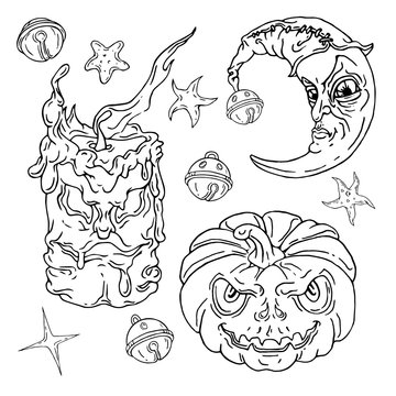 Jack O Lantern Halloween set. Night spirits. Hand drawn vector illustrations. Use it as is or change white to any color