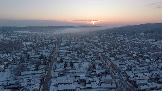 Winter aerial view of snowy village