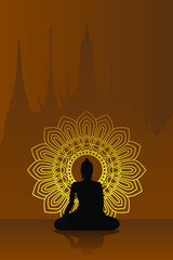 Silhouette Buddha Siddhartha gautama sitting with dharma wheel background