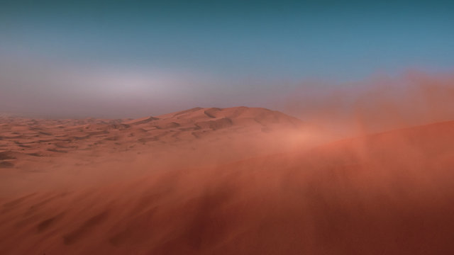 Landscape View Of Yellow Sand And Clear Blue Sky During The Windy Weather. Sahara, Morocco.