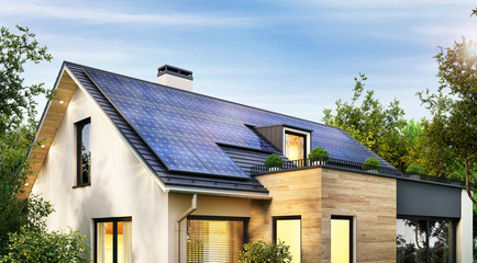 Solar panels on the gable roof of a modern house - obrazy, fototapety, plakaty