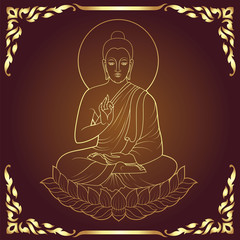 Golden Buddha Siddhartha gautama sit on lotus line art style with traditional frame