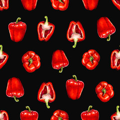 Red bell pepper. Watercolor seamless pattern of vegetables, raw red pepper. Hand-drawn healthy food.