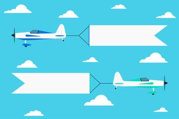 Flying advertising banner pulled by light aircraft in flat style vector illustration. EPS 10 © Vitalii