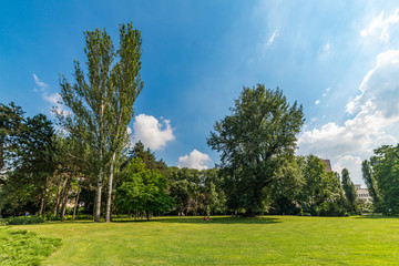 Novi Sad, Serbia - June 19, 2019: Danube Park or (Serbian: Dunavski Park) is an urban park in the downtown of Novi Sad. Formed in 1895, it is protected and is one of the symbols of the city.