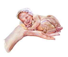 Smiling newborn baby. Art illustration of a sleeping child. The child lies on the arm. Watercolor illustration on white background