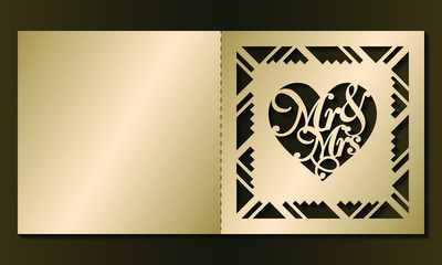 Laser cut template of wedding invitation. Square card with Mr, Mrs, ornate ornament. Gold vector illustration. Heart silhouette for Valentine's day. Panel for wood carving, paper cut, diecut pattern.