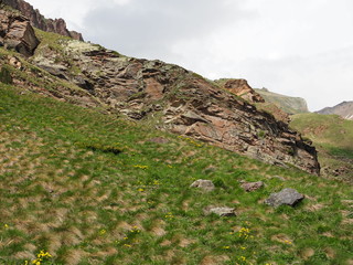 Alpine meadows in the Caucasus summer. Blue sky with white clouds.