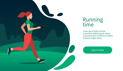 Running girl concept with character and text place. Sporty young woman jogging in park. Colorful flat vector illustration for web banner, infographics, landing page.