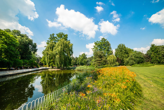 Novi Sad, Serbia - June 19, 2019: Danube Park or (Serbian: Dunavski Park) is an urban park in the downtown of Novi Sad. Formed in 1895, it is protected and is one of the symbols of the city.