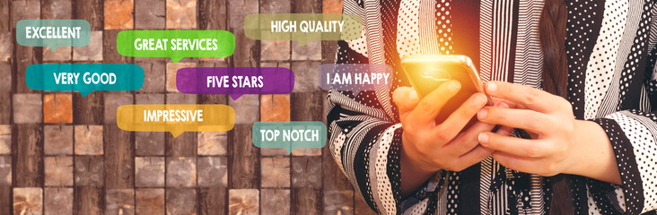Customer Experience Concept. closeup women using Smartphone. Surrounded by Positive Review in Speech Bubble and Social Network icons