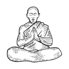 Buddhist monk meditating in Lotus position sketch engraving vector illustration. Scratch board style imitation. Black and white hand drawn image.