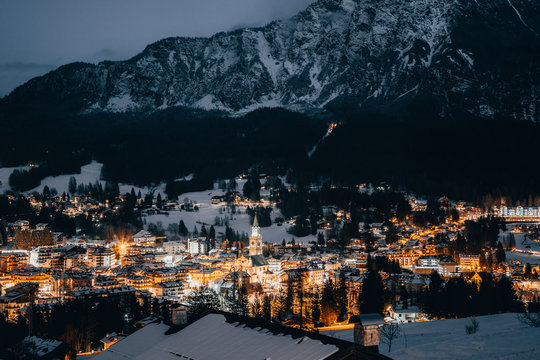 Scenic night view over Cortina d'Ampezzo in winter. Cortina d'Ampezzo is located in Dolomites, Italy.