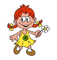 cute little girl with braids and bows in a cloverleaf dress with a flower in her hand, color drawing
