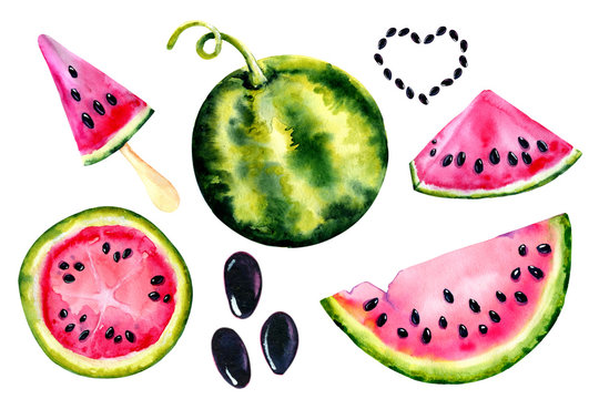 Watercolor set with the image of a watermelon. Juicy pulp and seeds for print design, banner, poster, cover, invitations, greetings, weddings, advertisements, menus