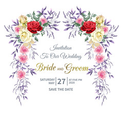 Floral wedding invitation with garland of beautiful red, yellow, pink roses flower and foliage on white background