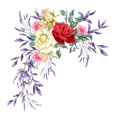 Floral garland for wedding, bouquet of beautiful red, yellow, pink roses flower and foliage on white background.