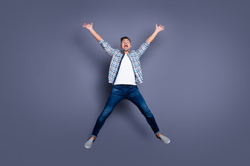 Fototapeta na wymiar Full length body size view photo of content candid person people raise fists shout funny funky like hipster dressed fashionable clothing isolated grey background