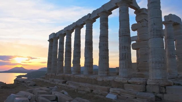 Poseidon temple ruins on Cape Sounio on sunset, Greece