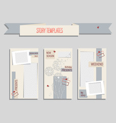 Fashionable editable template for summer stories. Delicate pastel backgrounds for social networks, stories with dandelions and ladybirds. Set.