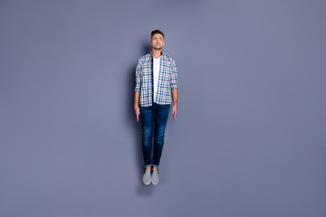 Full length body size view photo of focused charming guy activity energetic training fit isolated...