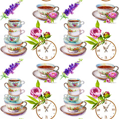 Party colorful tea cups and saucers closeup. Sketch handmade. Postcard for Valentine's Day. Watercolor illustration.