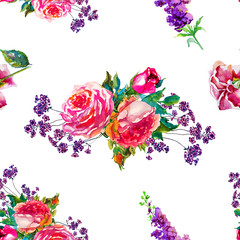 Flowers rose with leaves, watercolor, illustration. Seamless pattern - 274427641