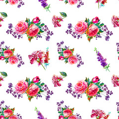 Flowers rose with leaves, watercolor, illustration. Seamless pattern - 274427699