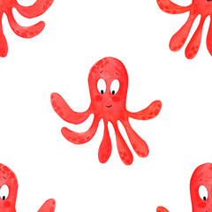  Watercolor  cartoon octopus.  Seamless pattern octopuses, cartoon illustration of beach summer background. 