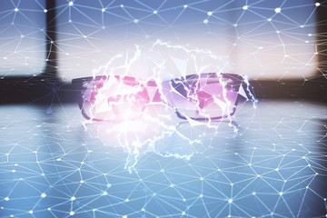 Brain drawings with glasses on the table background. Double exposure.
