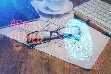 Fingerprint drawing with glasses on the table background. Concept of security. Double exposure.