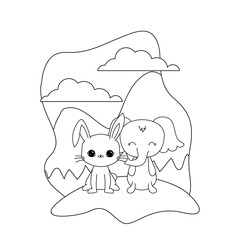 cute elephant with rabbit in landscape