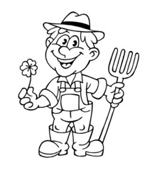 Farmer with straw hat with pitchfork and cloverleaf in his hands, in overalls and rubber boots, black and white drawing