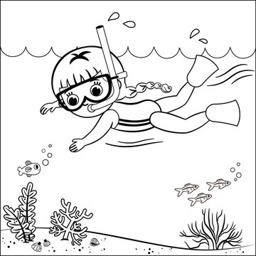 Black and white outline drawing of a swimming girl. Vector illustration.