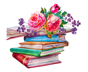 High books stack with roses isolated on white background