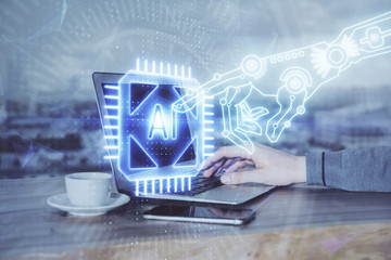 Multi exposure of technology hologram with man working on computer background. Concept of big data.