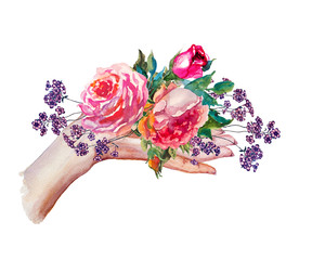 Flowers rose with leaves on hand , watercolor, illustration - 274430427