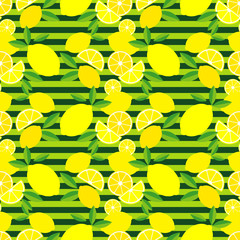 Seamless pattern with decorative lemons. Cute cartoon. Summer garden. Vector illustration. Can be used for wallpaper, textile, invitation card, wrapping, web page background.